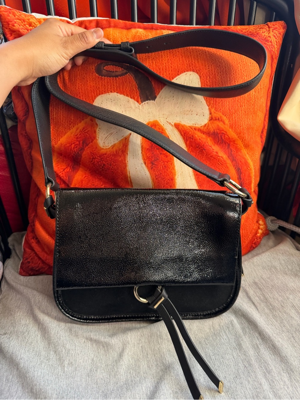 Ted Baker Black Patent & Suede Crossbody Bag with Tassel Ring